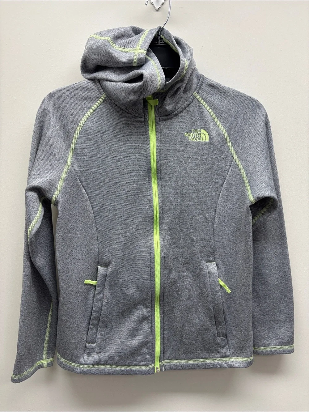 THE NORTH FACE Seashore Fleece Hoodie Full Zip Girls L 14/16 Gray Lime Green